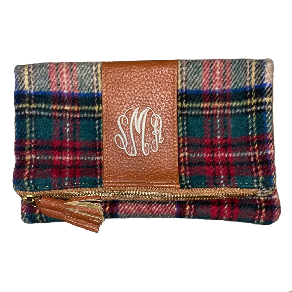 Marley Lilly Monogrammed Plaid & Brown/Tan Leather Clutch Bag